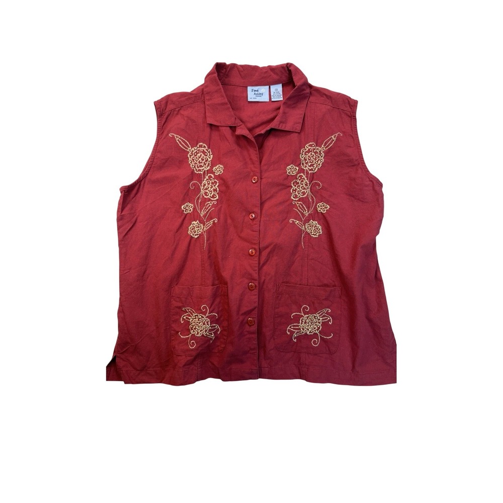 Jane‎ Ashley Embroidered Sleeveless Button Up Blouse Red Floral Cotton XL